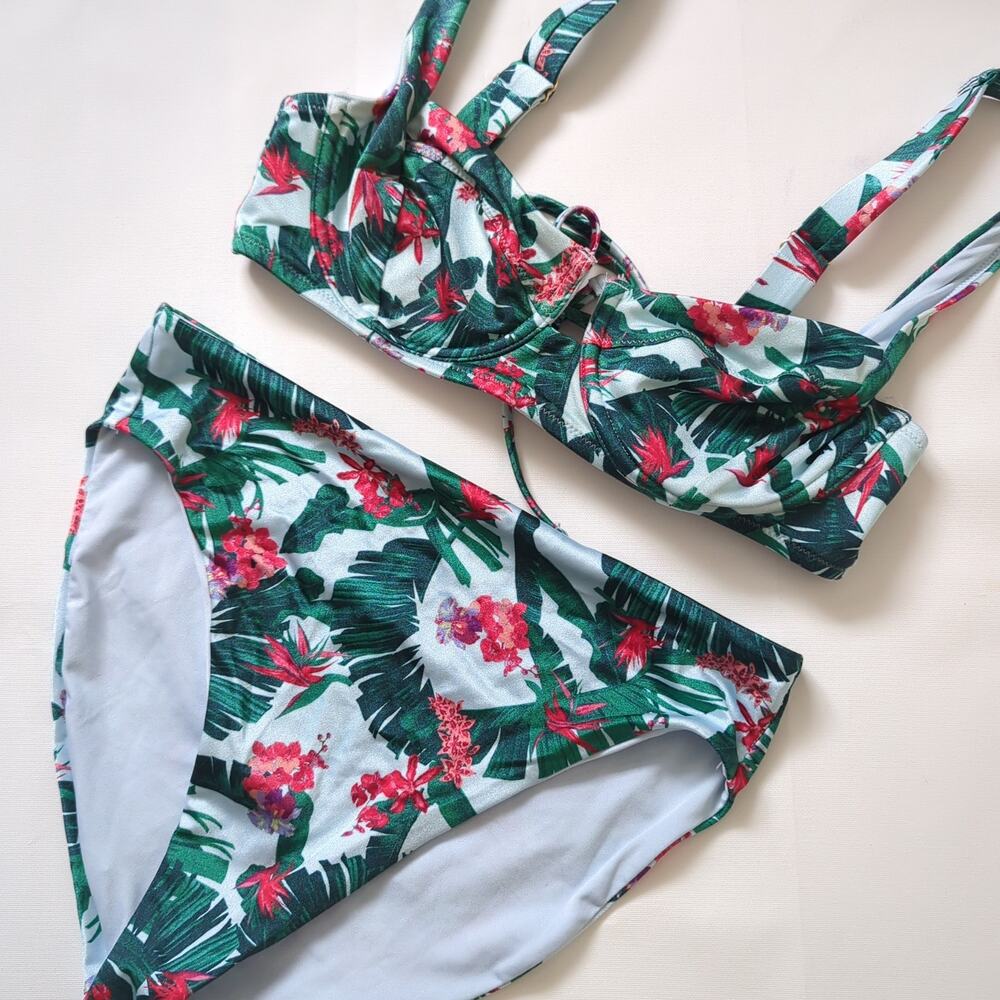 Victorias Secret Bikini Swimsuit Blue Palm Floral Underwire Demi High Rise S 34C
